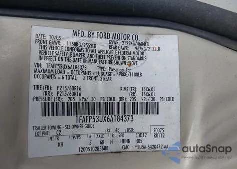 2006 Ford Taurus Se из США, поврежденный, VIN 1FAFP53UX6A184373